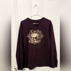 Vintage Lucky‎ Brand Skull Long Sleeve Shirt Brown XXL